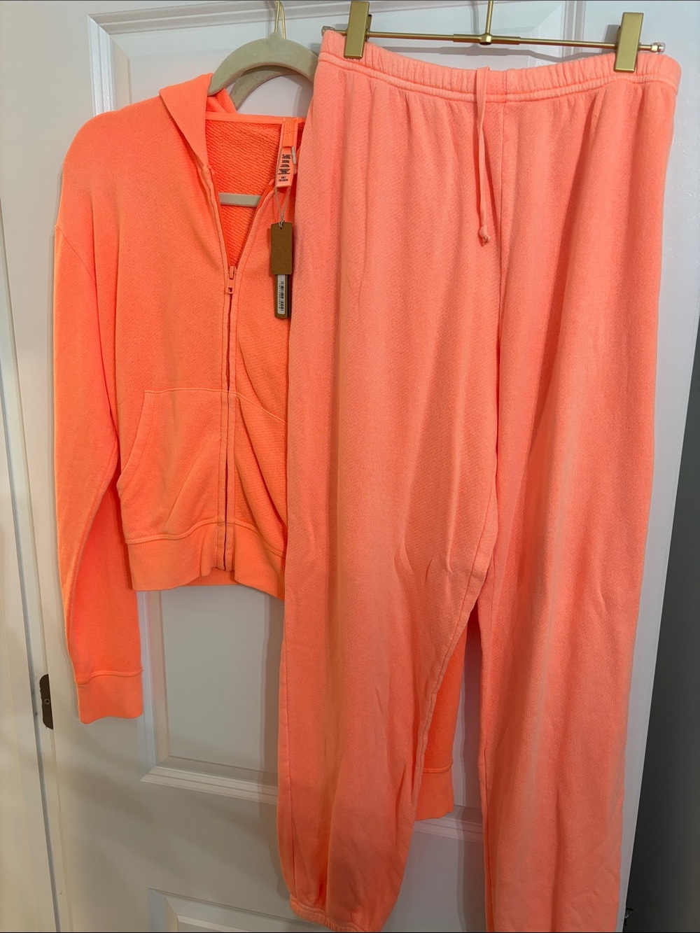 SKIMS Neon Coral Zip Hoodie & Lounge Pants Set